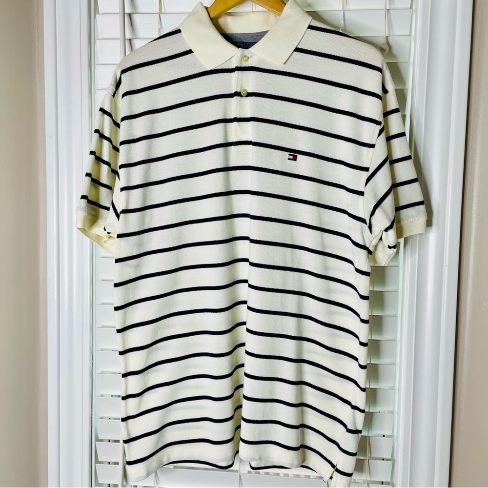 🩷 TOMMY HILFIGER MENS SIZE MEDIUM PENBROOK COTTON WHITE BLACK STRIPES GREAT